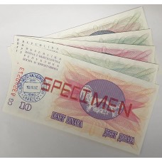 BOSNIA 1992 . TEN 10 - ONE THOUSAND1,000  DINARA . SPECIMEN BANKNOTES